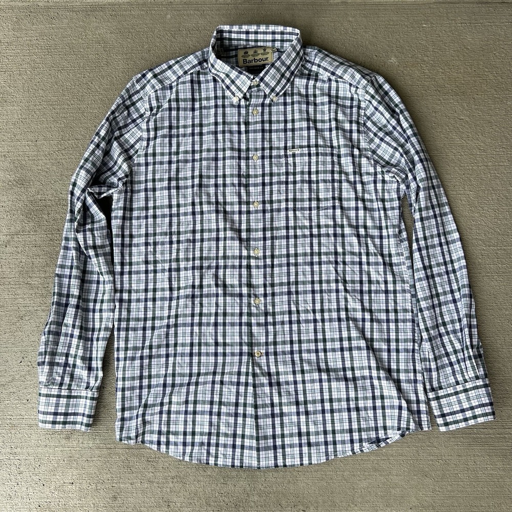 Barbour Men's‎ Tailored Fit Plaid Button-Down Shirt Size Large Blue Gray Check